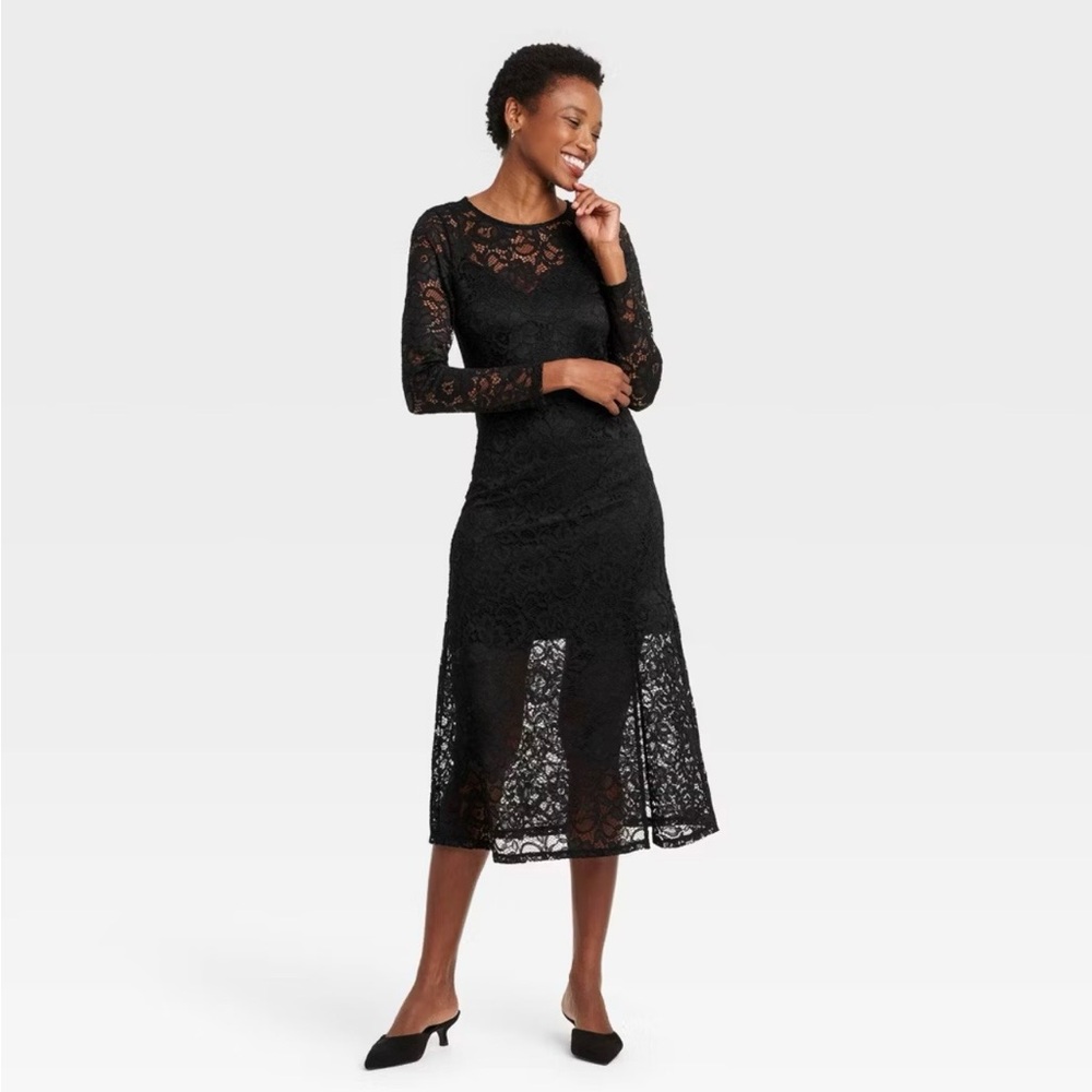A New Day Black Floral Lace Long Sleeve Dress - Picture 2 of 6